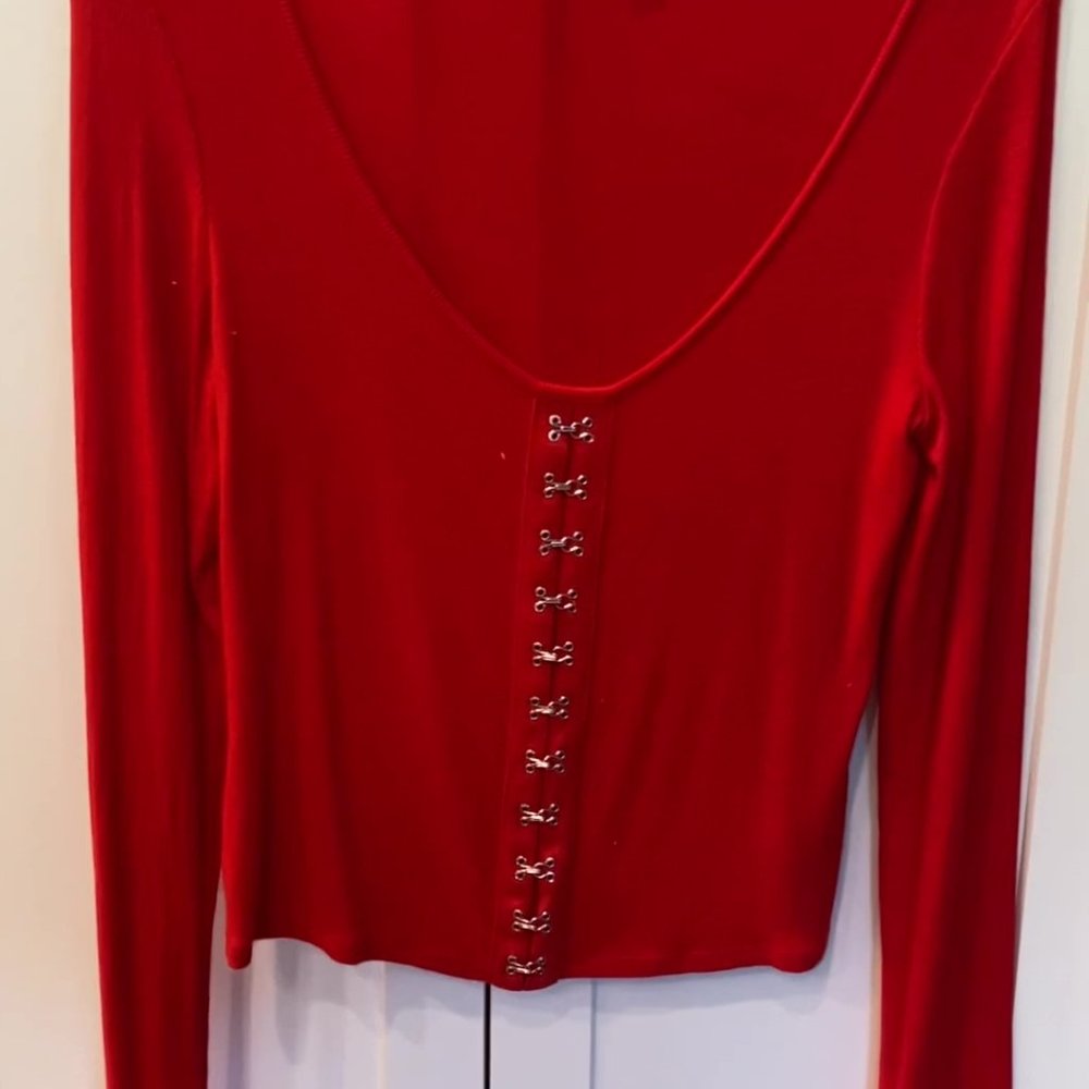 Red Guess Long Sleeve  Low V-Neck Shirt with Silver Buckles - Medium